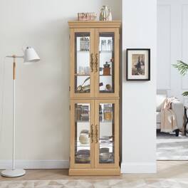 LUCKY ONE - Freestanding Lighted Glass Curio Display Cabinet with Adjustable Shelves for Wine Toy Collectibles - Light Oak