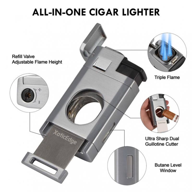 ALL-IN-ONE CIGAR LIGHTER

- Refill Valve
- Adjustable Flame Height
- Triple Flame
- Ultra Sharp Dual Guillotine Cutter
- Butane Level Window