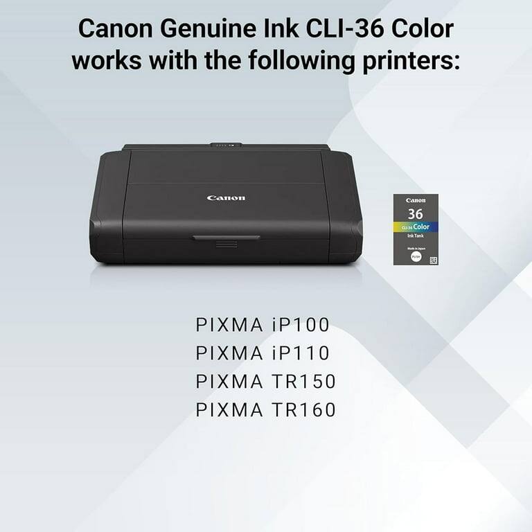 Canon Genuine Ink CLI-36 Color works with the following printers:

- PIXMA iP100
- PIXMA iP110
- PIXMA TR150
- PIXMA TR160