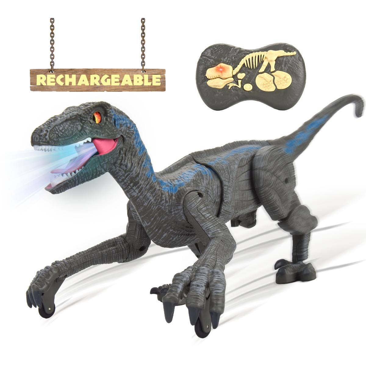 Left. JuzToys - Remote Control Dinosaur Toy, Velociraptor RC Dino Toy with 3D Eye LED Light, Roaring & Shaking Head – Gray - Gray.