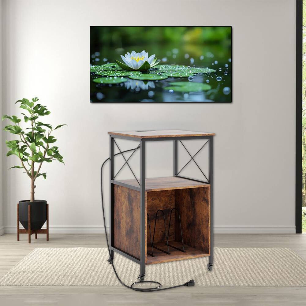 Hivvago - Mobile Vinyl Record Stand with Charging Station, Open Shelf, and Sectioned Storage - Rustic Brown