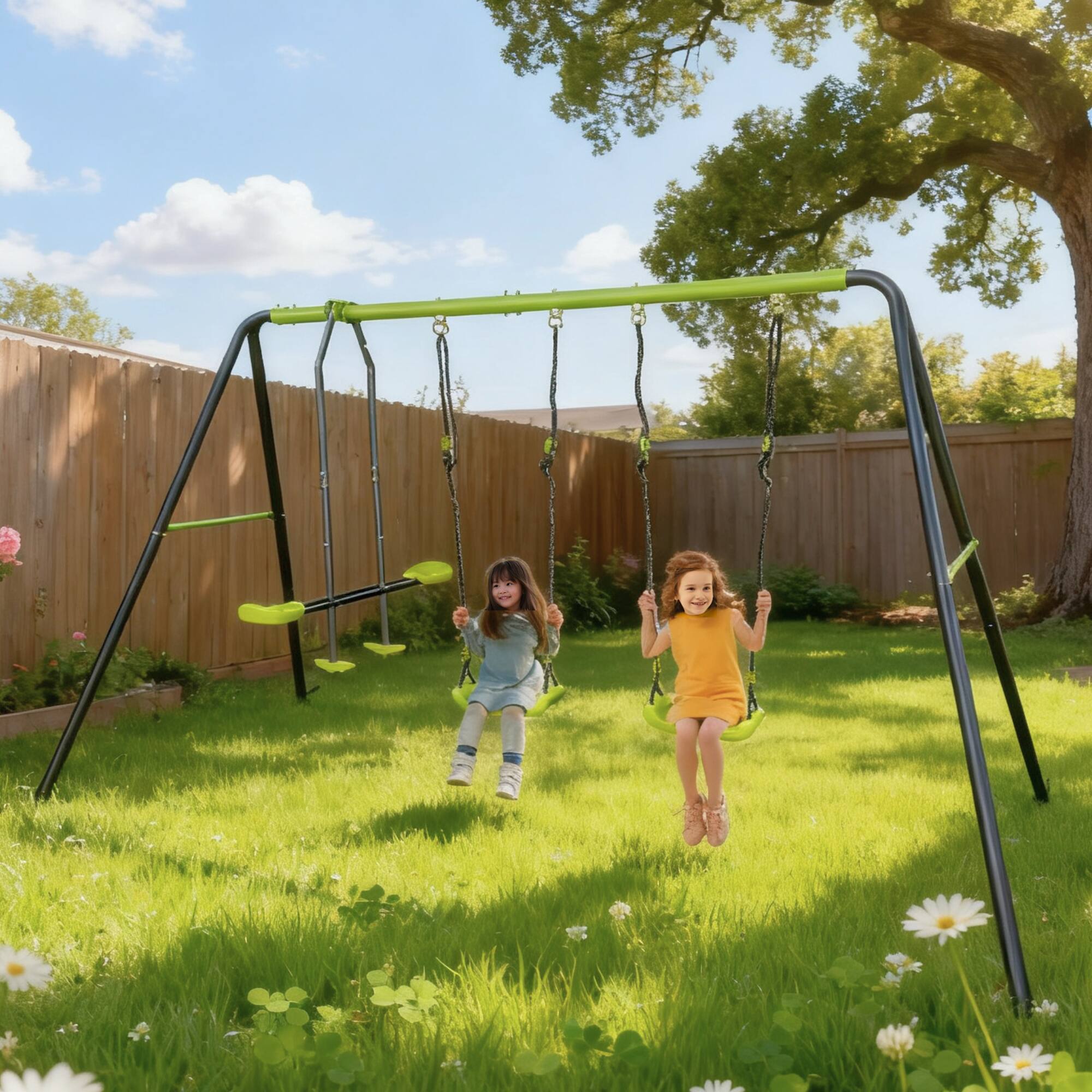Left. Loheer - 11.16 ft Metal Swing Set with Face-to-Face Glider and 2 Belt Swings for Backyard - Lime green.