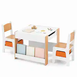 Costway - 4-in-1 Kids Table & Chair Set Toddler Wooden Activity Table with Side Bookshelves - Beige