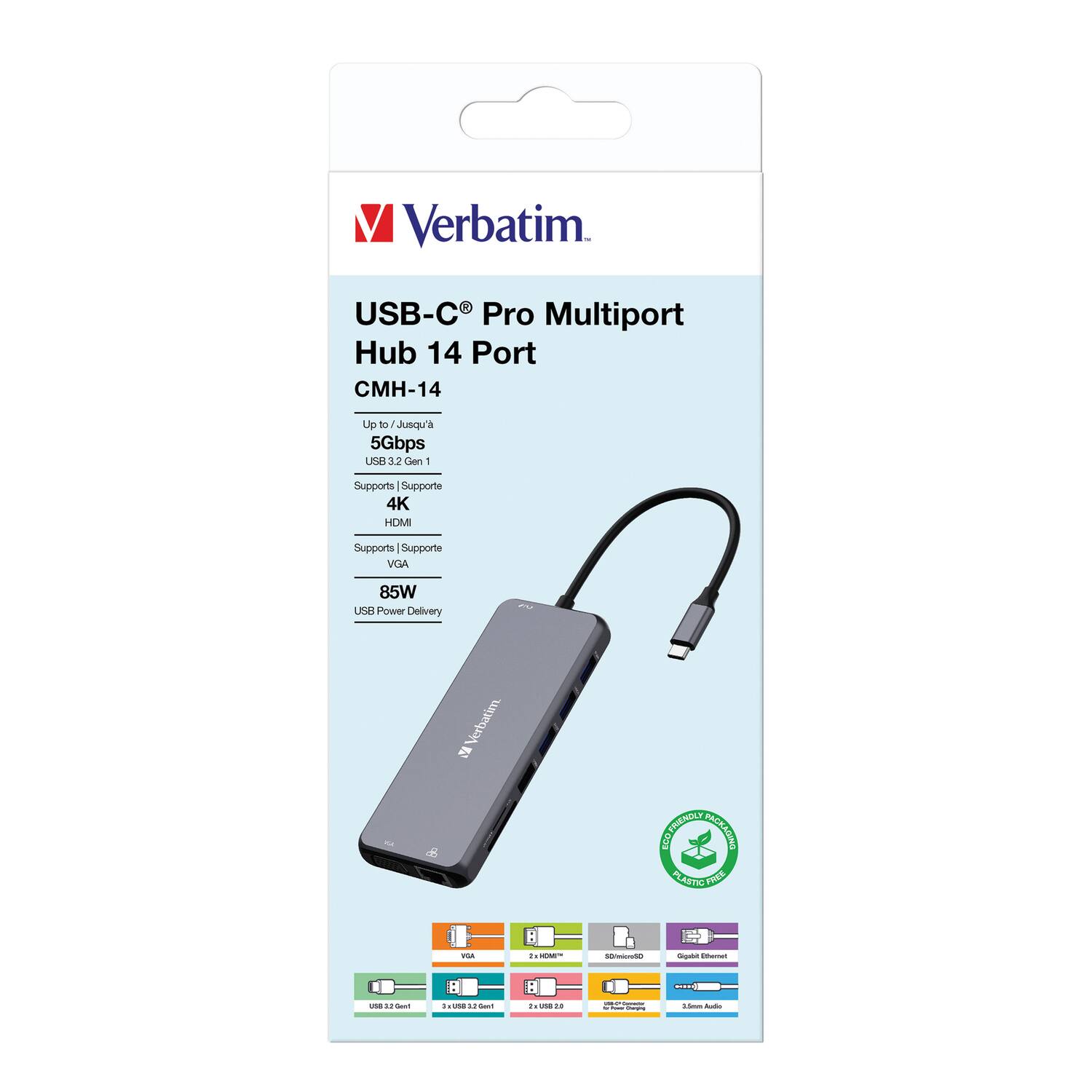 Verbatim USB-C Pro Multiport Hub 14 Port H-14 Up to Jusqu'a 5Gbps USB 3.2 Gen 1 - Supports - Supporte 4K HDMI - Supports - Supporte VGA 85W USB Power Delivery