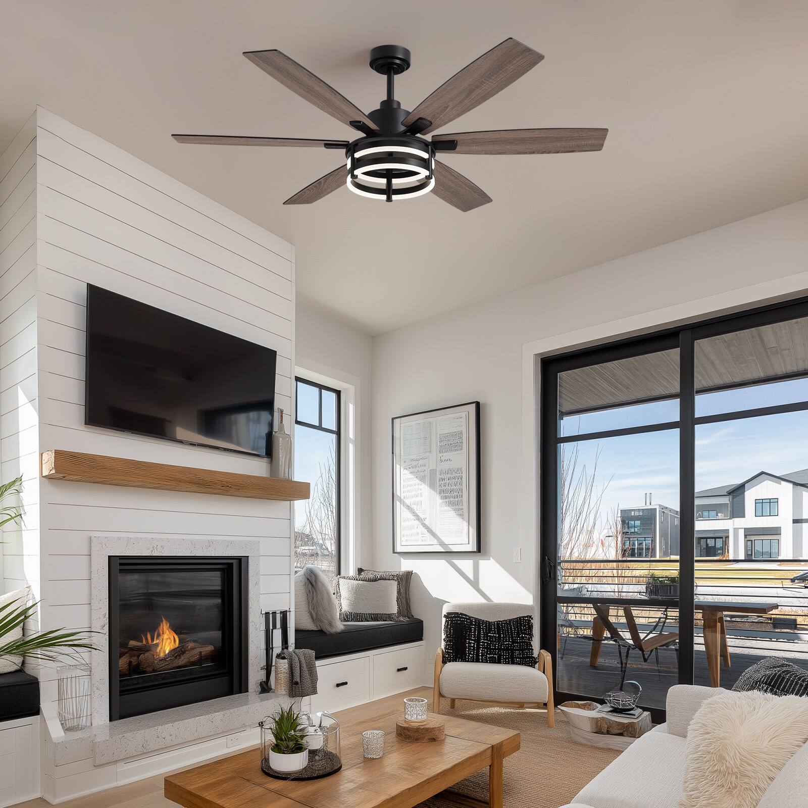 Alt View 7. Siljoy - 60-in Farmhouse Ceiling Fan with Light and Remote Control Include Use LED for Indoor and Outdoor - Matte Black.