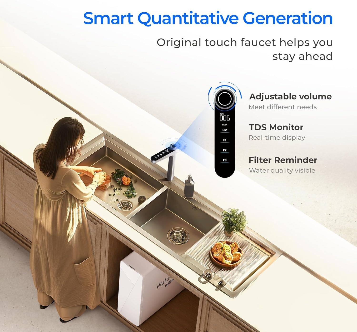 Smart Quantitative Generation Original touch faucet helps you stay ahead. - 006 nuan UV F1 F2 F3 Adjustable volume Meet different needs TDS Monitor Real-time display Filter Reminder Water quality visible