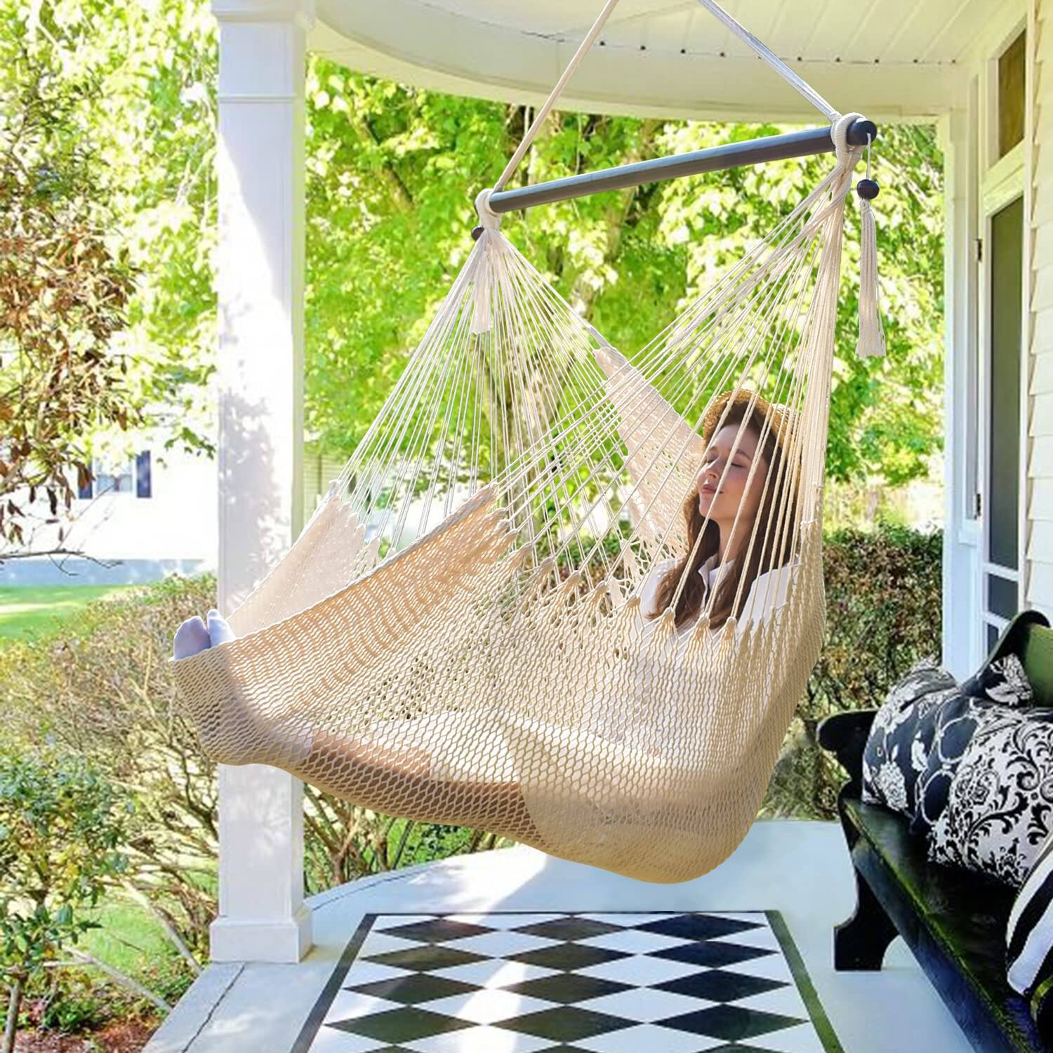 JETRANSPORT - Large Hammock Chair With Spreader Bar Caribbean Swing Xl Outdoor Indoor 330 Lbs Weight Capacity Extra - Beige