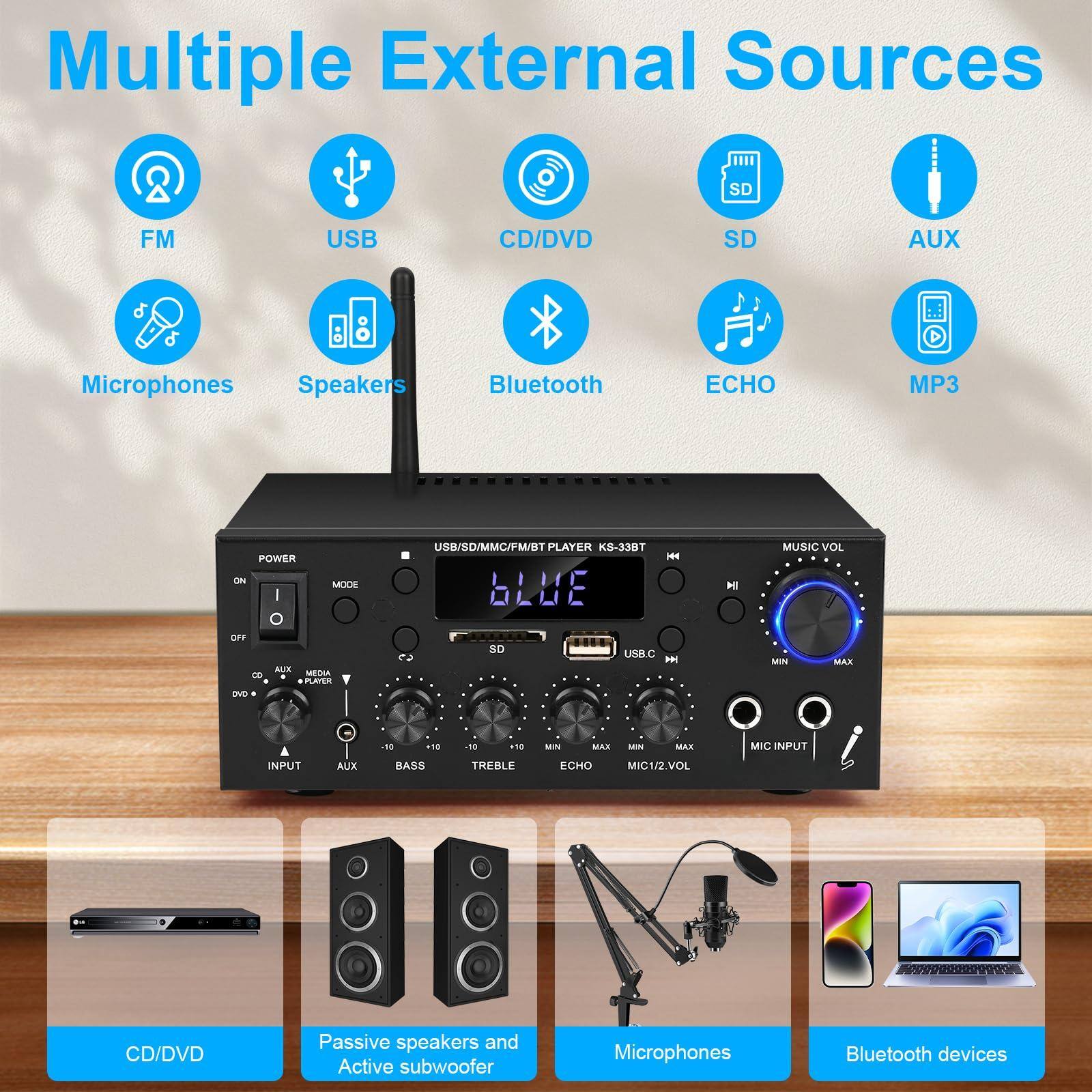 Multiple External Sources

- FM
- USB
- CD/DVD
- SD
- AUX
- Microphones
- Speakers
- Bluetooth
- ECHO
- MP3

USB/SD/MMC/PM/BT PLAYER -338T BLUE

- POWER ON MODE
- USB/SD/MMC/PM/BT PLAYER -338T BLUE
- MUSIC VOL
- MIN MAX
- MIC INPUT
- CD/DVD
- AUX
- BASS
- TREBLE
- ECHO
- MIC1/2 VOL

Passive speakers and Active subwoofer
Microphones
Bluetooth devices