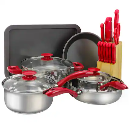 Front. MegaChef - MegaChef 22 Piece Aluminum Cookware Combo Set in Red - Red.