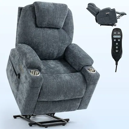Front. Kadyn - Power Lift Recliner Chair, Massage & Heat, Dual USB Ports, Cup Holders, 155° Recline, Blue - Blue.
