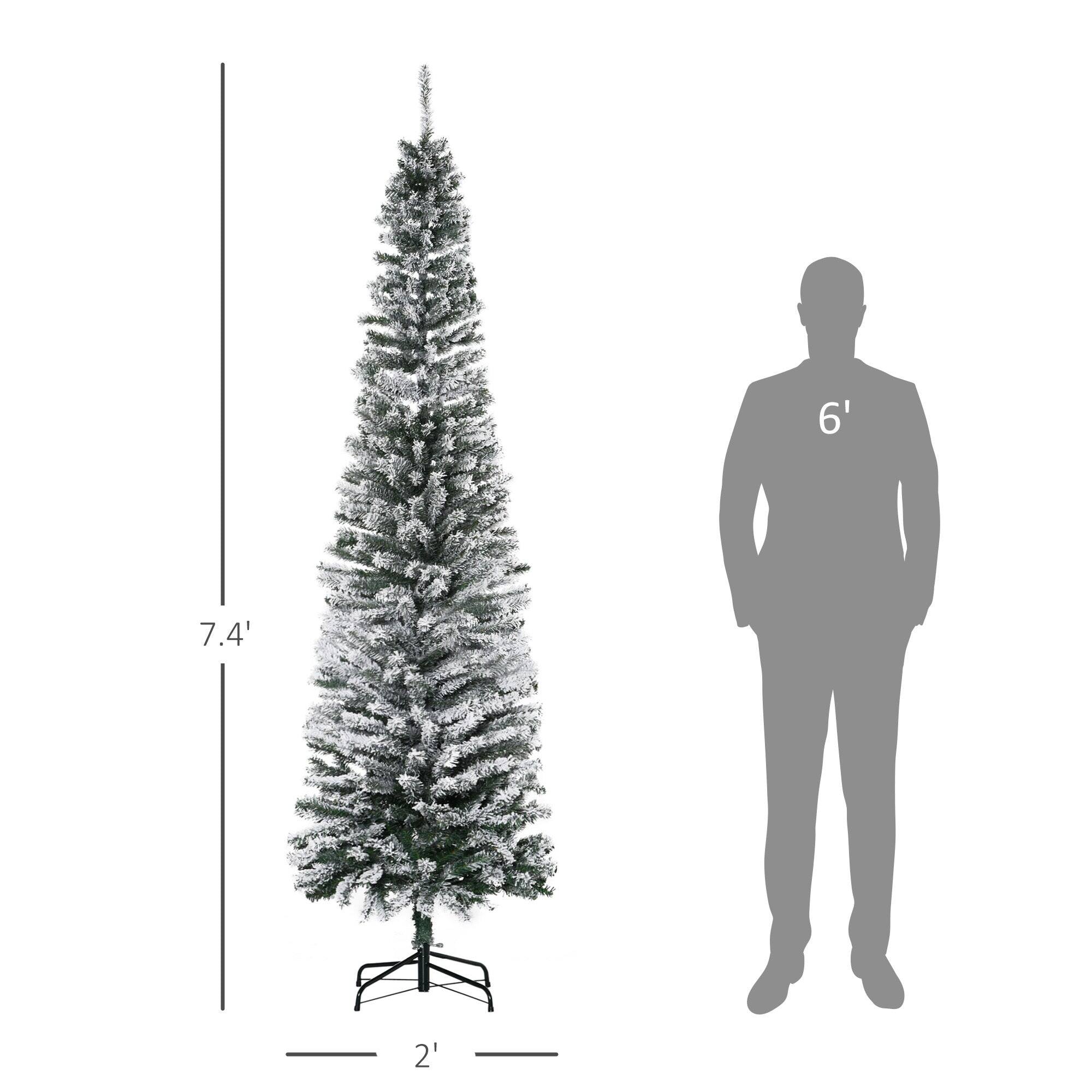 Left. BreeBe - 7.5 ft Tall Unlit Snow-Flocked Slim Artificial Christmas Tree with Realistic Branches and 738 Tips - Green.