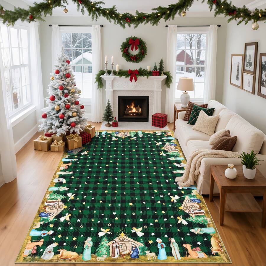 Jojoka 8x10 ft Christmas Round Rug, Nativity Plaid Print, Washable, Non ...