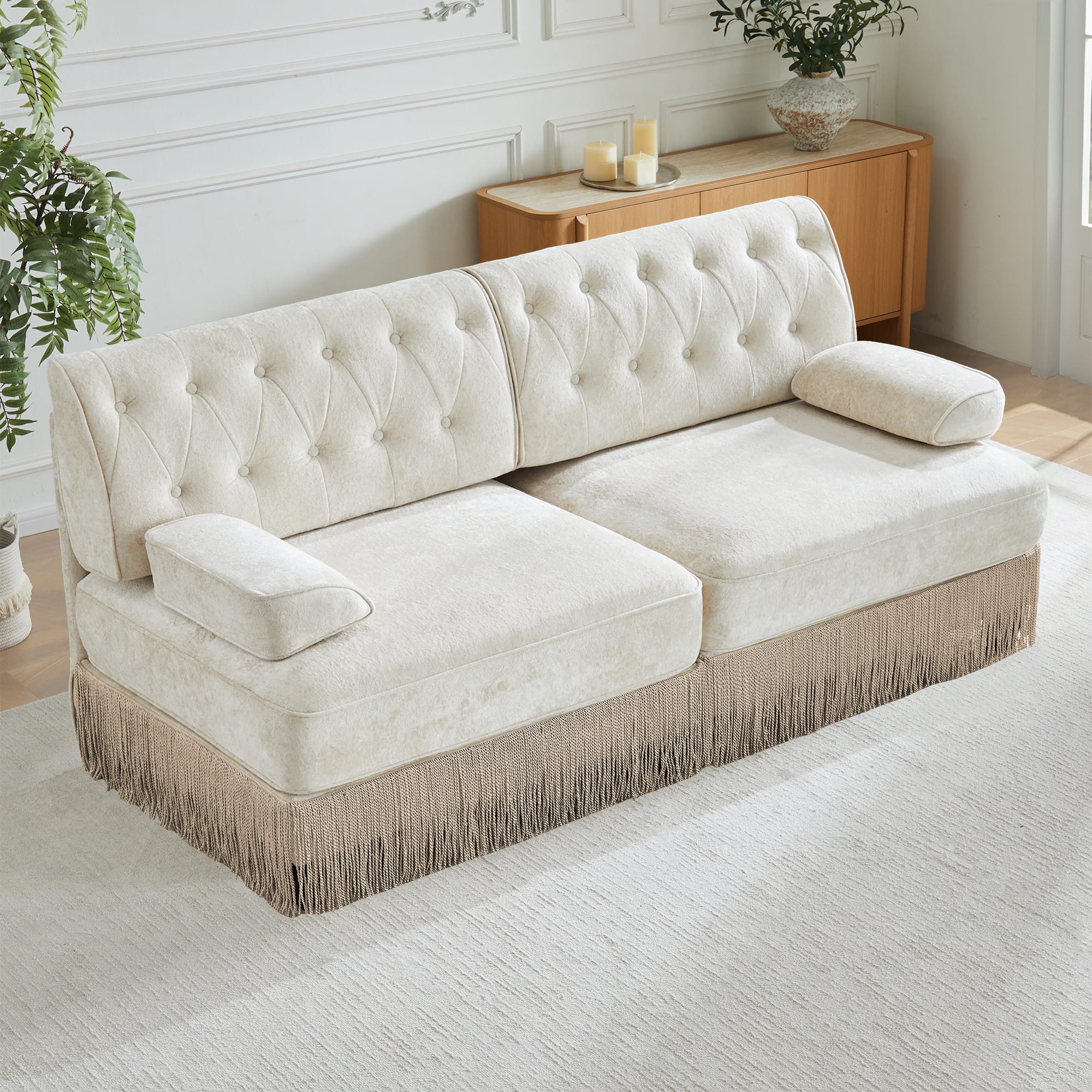Anysun - Velvet Chesterfield Sofa - Button Tufted, Floor-Grazing Tassel Skirt, Easy Assembly, for Living Room & Bedroom - White