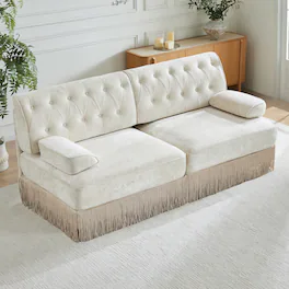 Anysun - Velvet Chesterfield Sofa - Button Tufted, Floor-Grazing Tassel Skirt, Easy Assembly, for Living Room & Bedroom - White