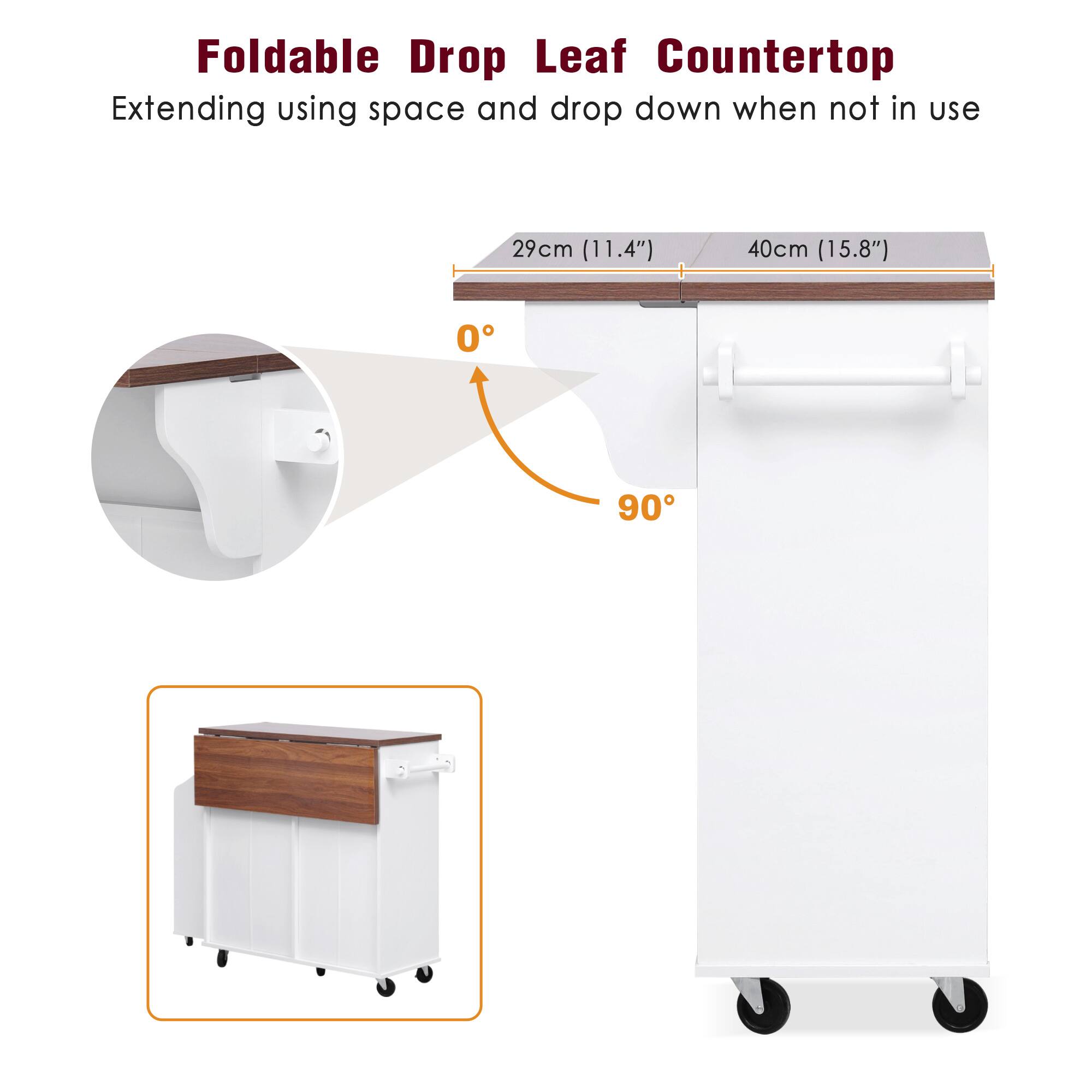 Foldable Drop Leaf Countertop  
Extending using space and drop down when not in use  

29cm (11.4")  
40cm (15.8")  

0°  
90°