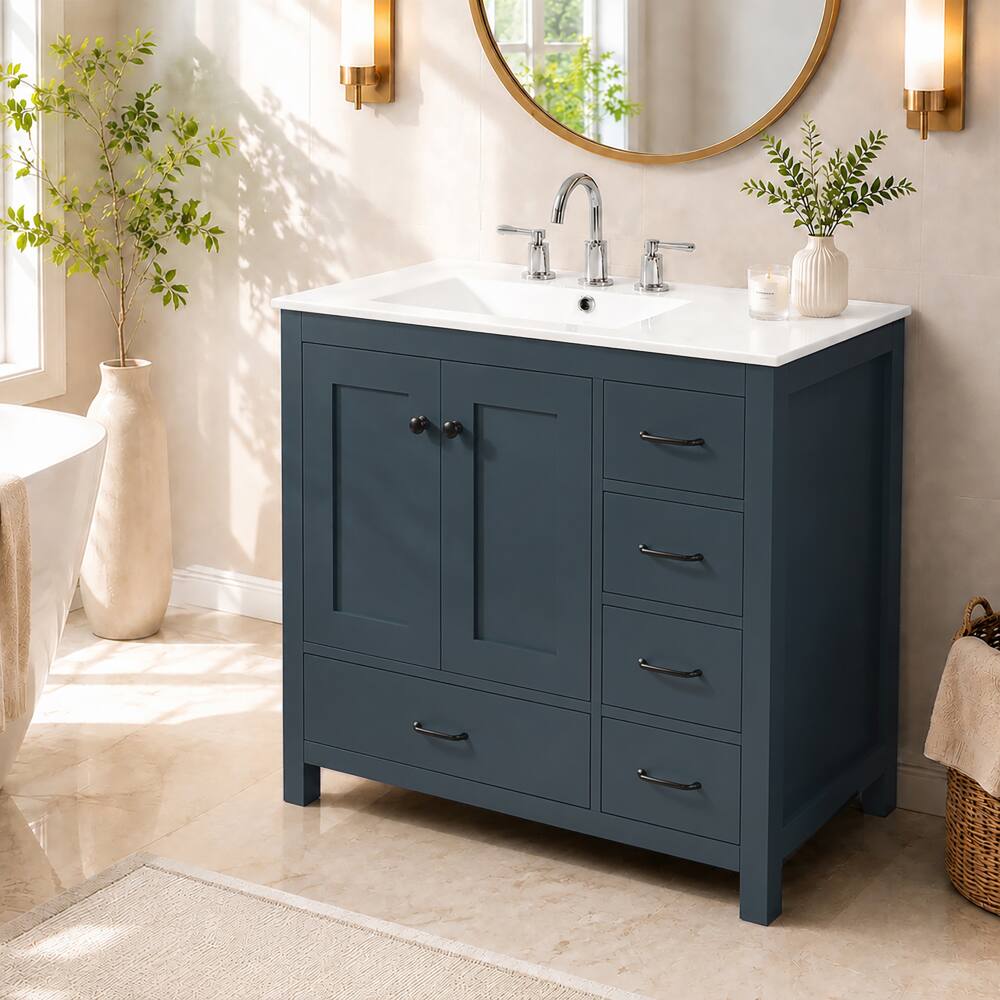 Left. JUJABU - 36" Blue Bathroom Vanity with Ceramic Sink, 2 Soft-close Doors and 5 Drawers - Blue.