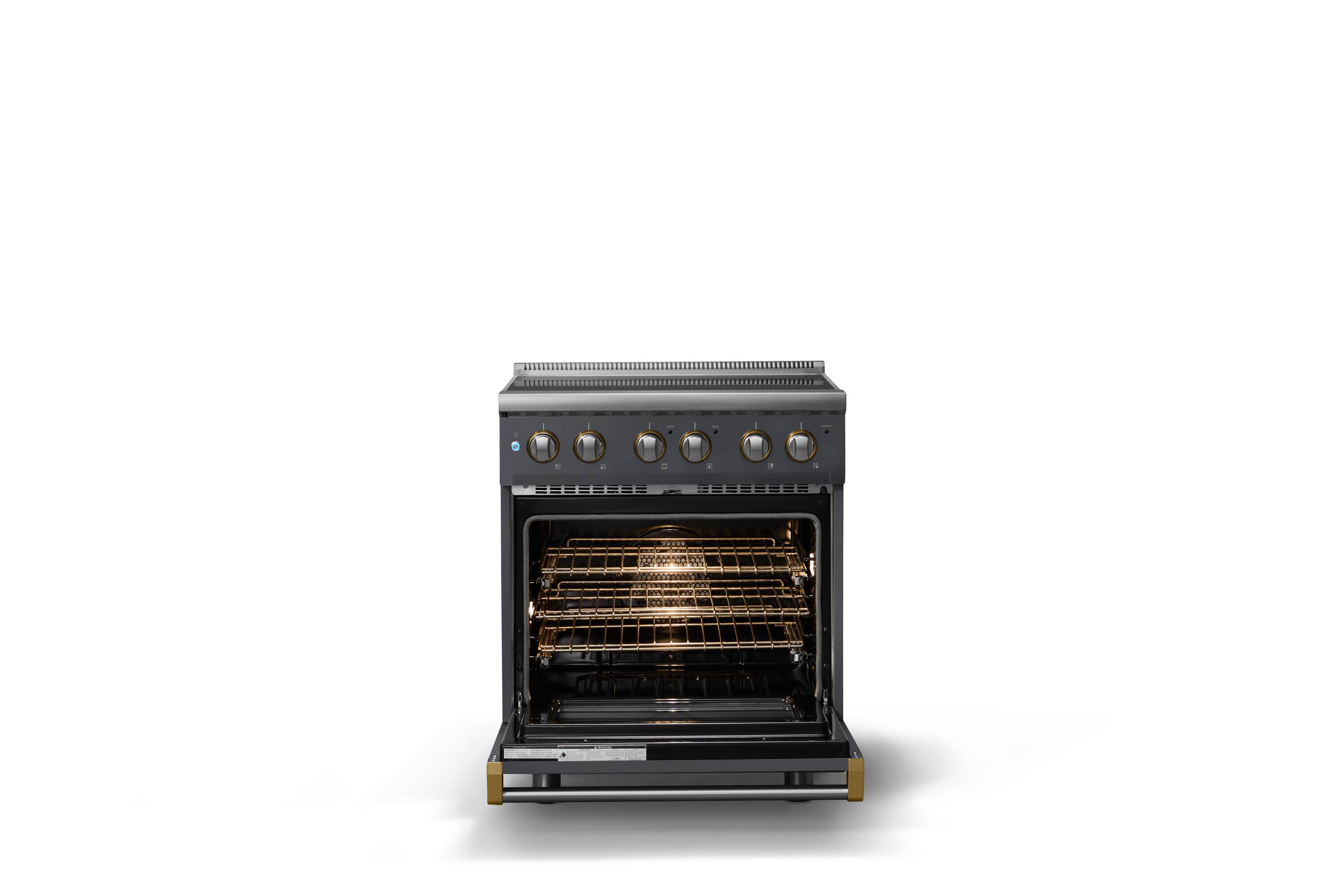 Alt View 3. Viking - 30 in. Wide 4 Elements Pro 5 Series 4.7 Cu.Ft. Freestanding Electric Convection Range - Cast Black w. Brushed Brass Trim - Cast Black.