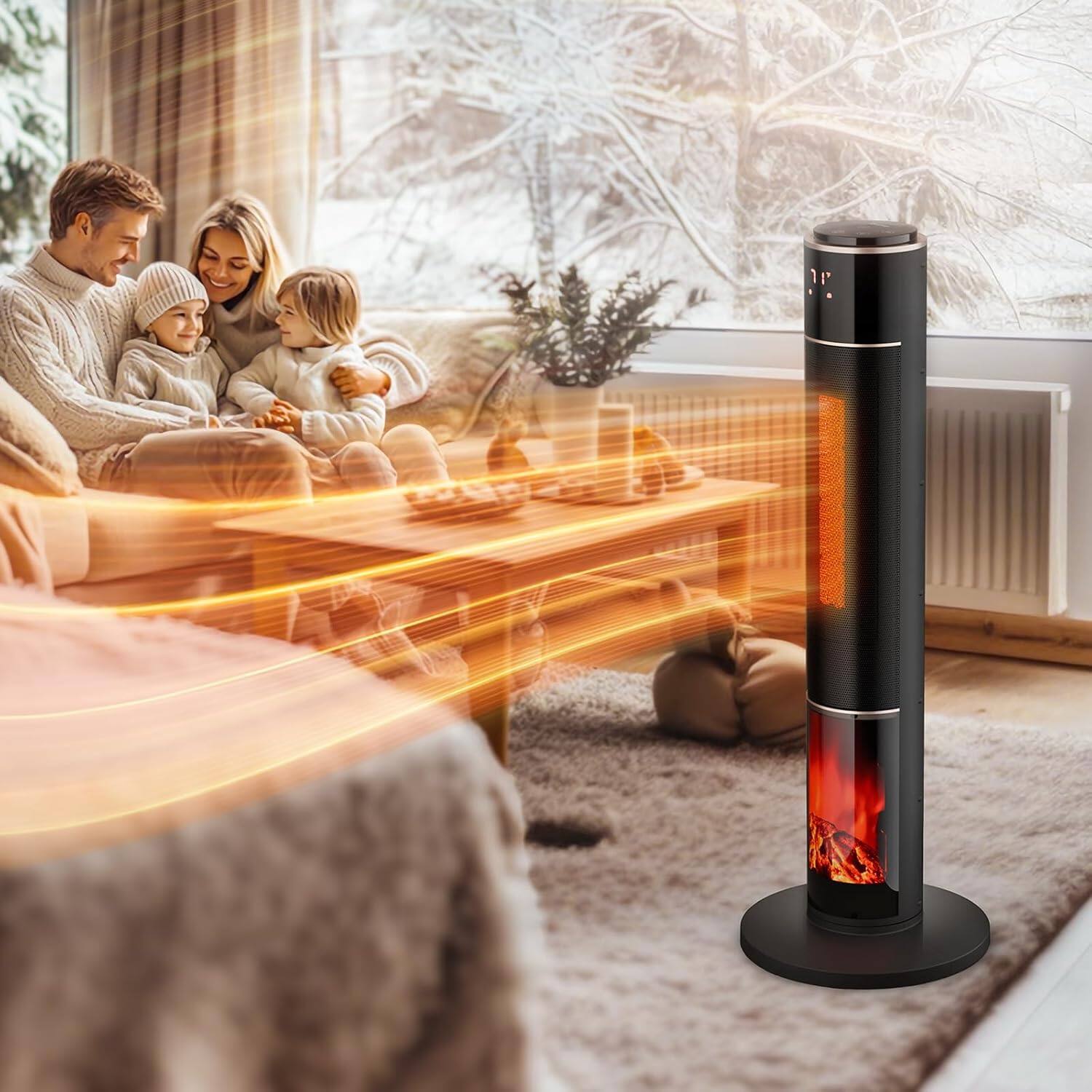 Alt View 10. Winado - 33 inch Tower Space Heater with 3D Flame, 1500W Portable Electric Heater with Thermostat, 60° Oscillation, Timer, Remote - Black.