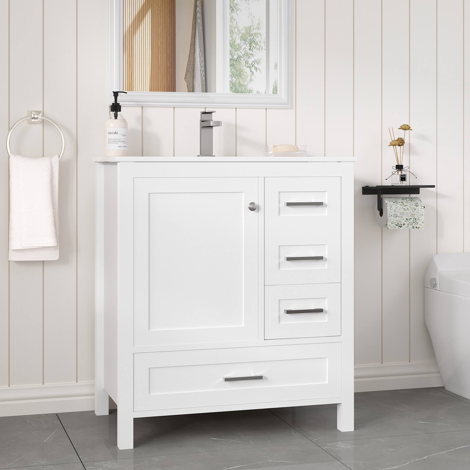 Alt View 6. U-HOMY - Modern Bathroom Vanity with Ceramic Sink, Soft-Close Storage Cabinet and Drawer, Glossy Countertop, White - 30"x18".