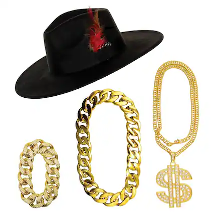 Front. Underwraps - Pimp 4-Piece Adult Costume Accessory Kit | Black Hat & Chains - Black.