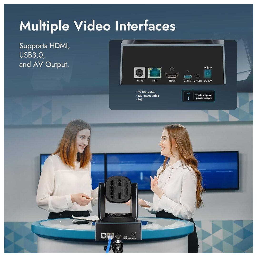Multiple Video Interfaces Supports HDMI, USB3.0, and AV Output.  
8202 NET HDMI USICLD LINE I DC 12V SV USB cable 12V power cable PoE Triple ways of power supply