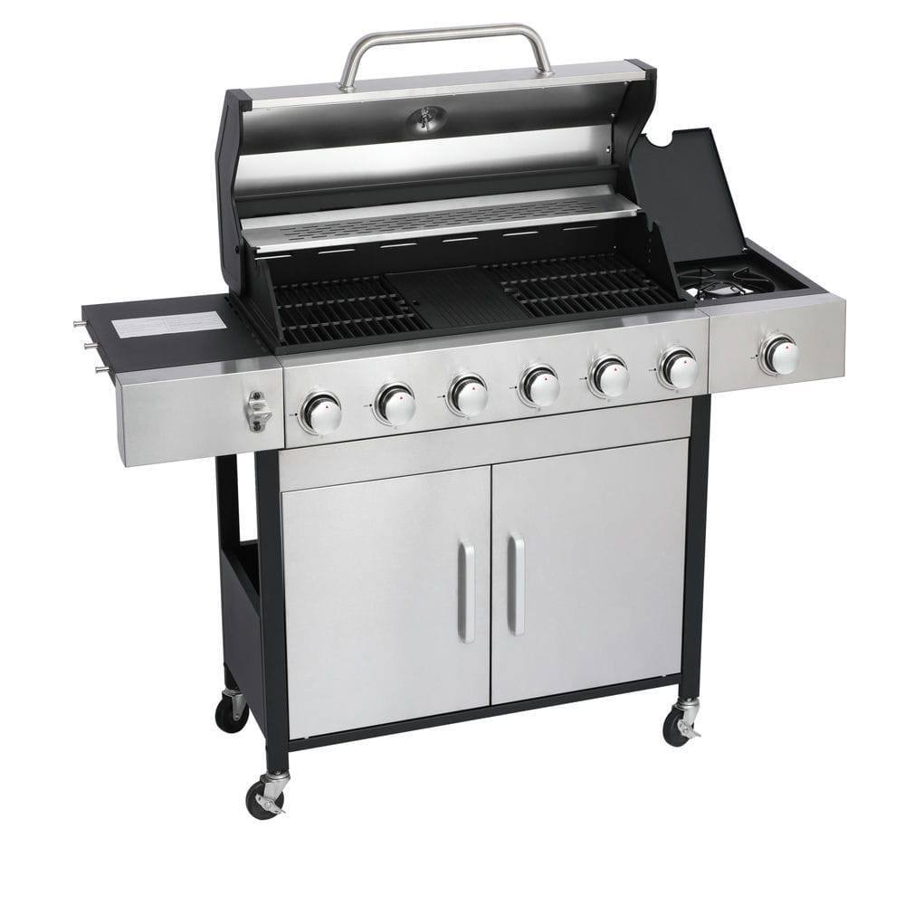 Resenkos - 6 Burner Propane Gas Grill with Side Burner and Sear Burner, Stainless Steel Gas BBQ Grill for Barbecue Grilling, Silver