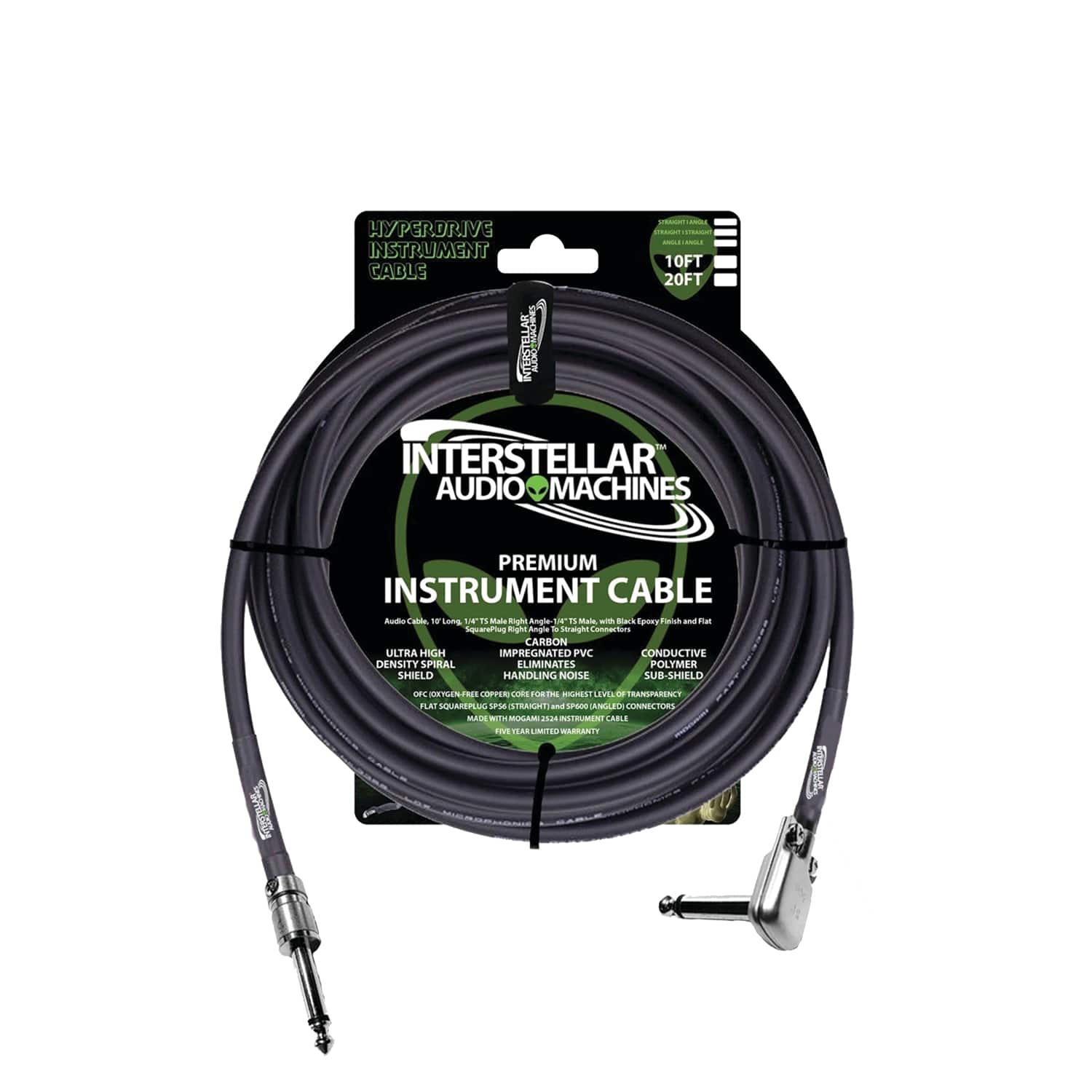 Interstellar Audio Machines - Hyperdrive Premium Instrument Cables, Angle-Straight Connectors, 20-foot