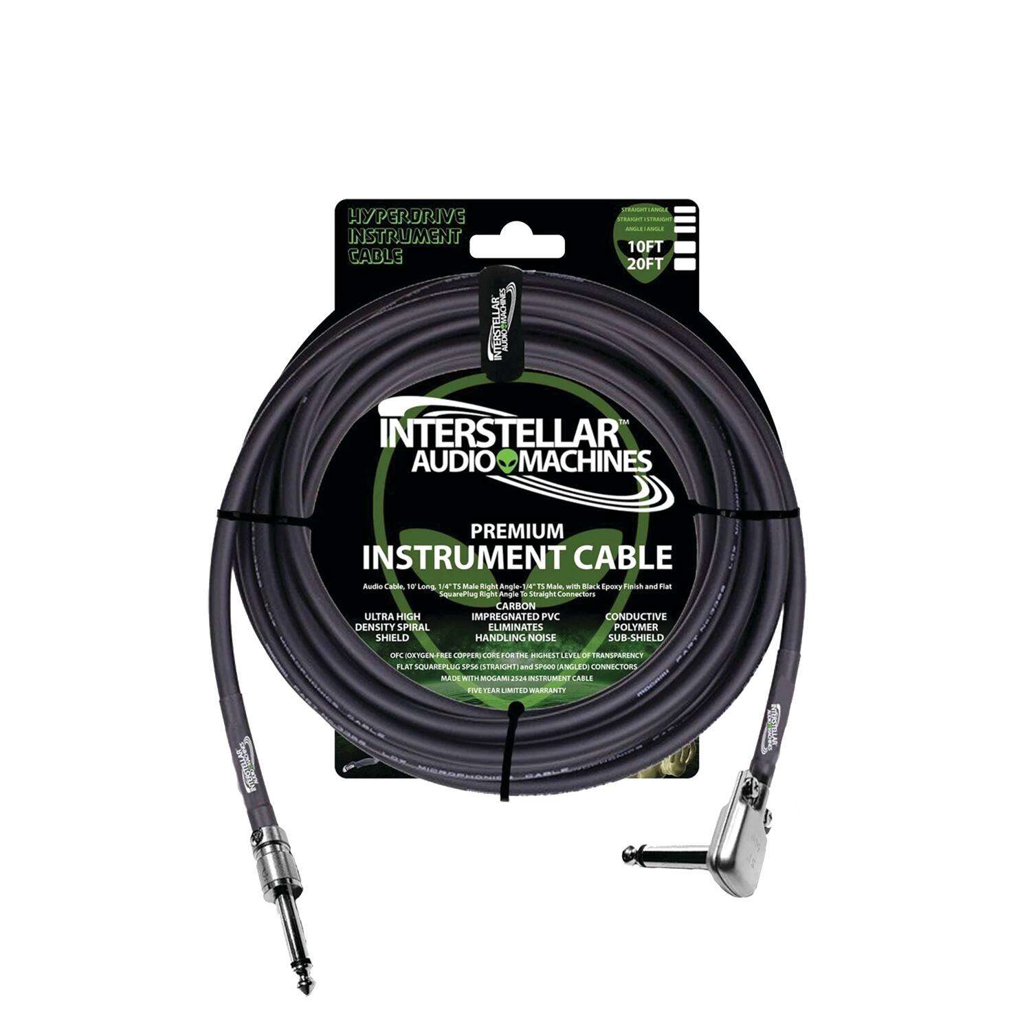 Interstellar Audio Machines - Hyperdrive Premium Instrument Cables, Angle-Straight Connectors, 20-foot