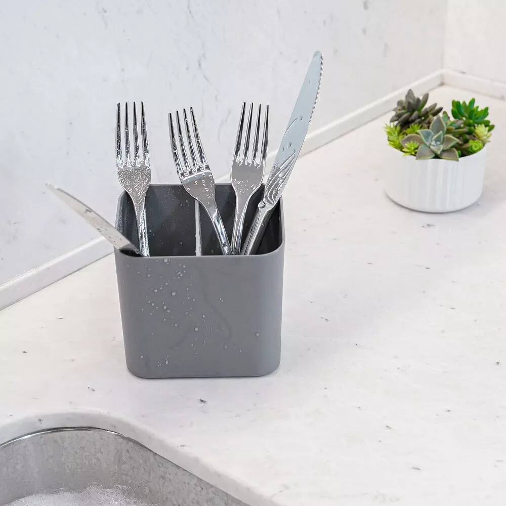 Alt View 4. OU - OU Kitchen Sink Organizer Set 3pc, Dish Rack, Cutlery Drainer & Soap Dispenser with Sponge Holder - White - White.