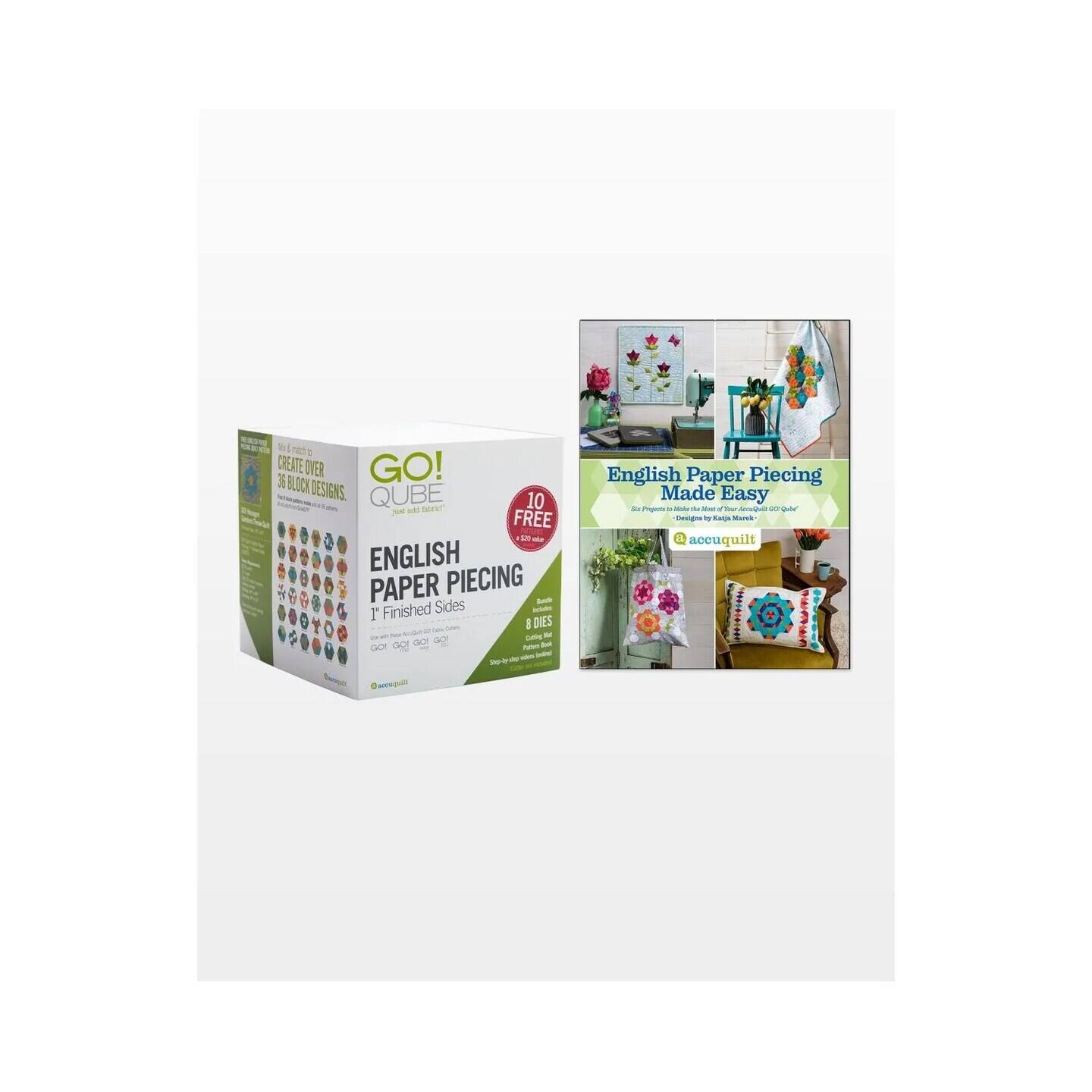 1. GO! QUBE
2. 10 FREE
3. ENGLISH PAPER PIECING
4. 1 Finished Sides
5. 8 DIES
6. English Paper Piecing Made Easy
7. Designs by Raji Murss
8. accuquilt