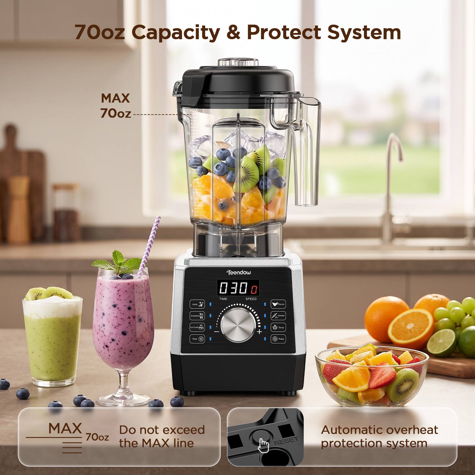 70oz Capacity & Protect System

MAX 70oz

Teendow 030 0 TIME SPEED

201
540

Shumall
Daily

www.p -

+ -

the PAR

MAX Do not exceed 70oz the MAX line

Automatic overheat RESET protection system