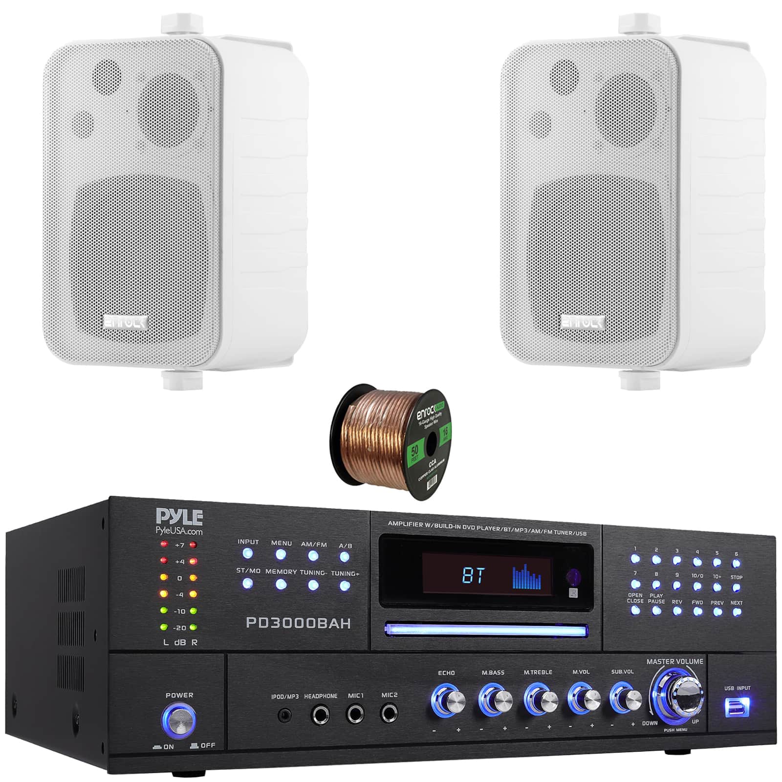 Enrock - Pyle PD3000BAH 4-Channel 4000W Bluetooth HDMI Home FM Radio CD/DVD Player Receiver, 2x 4" Indoor/Outdoor Speakers w/Wire
