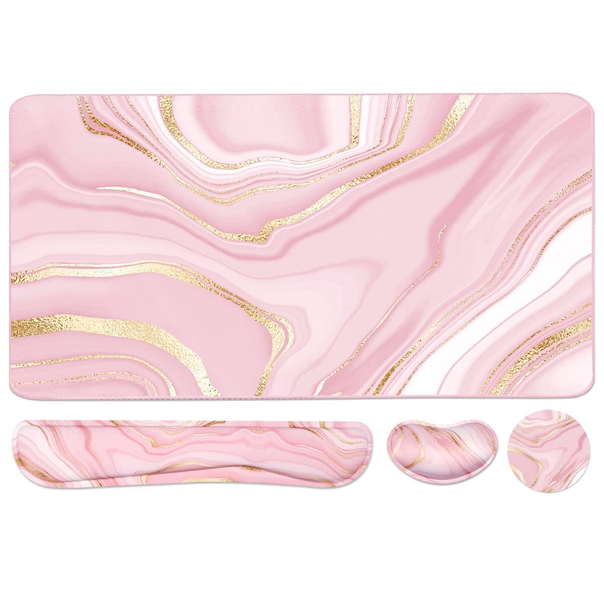 Pacoar Cade - 4-in-1 Large Gaming Mouse Pad Wrist Rest Support Mousepad Set Extended Desk Waterproof Mat For Home Office Study - Pink Gold