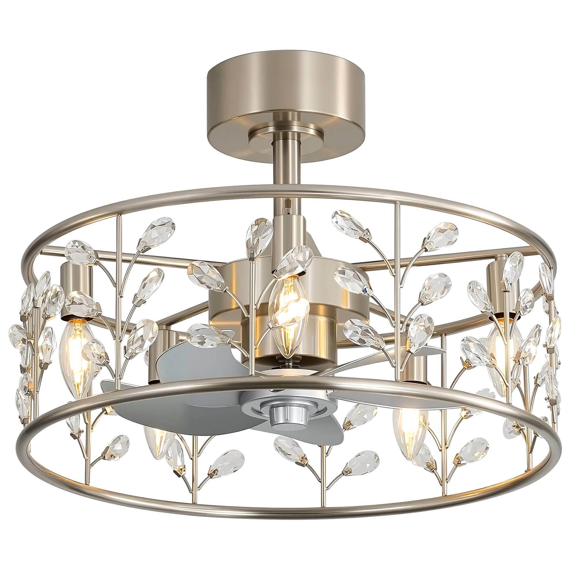 Angle. Breezary - 20-Inch Cage Ceiling Fan with 5-Light Fixture, Crystal Accents, 5 ABS Blades, DC Motor, 6 Speeds and Remote Control - Satin Nickel and Silver.