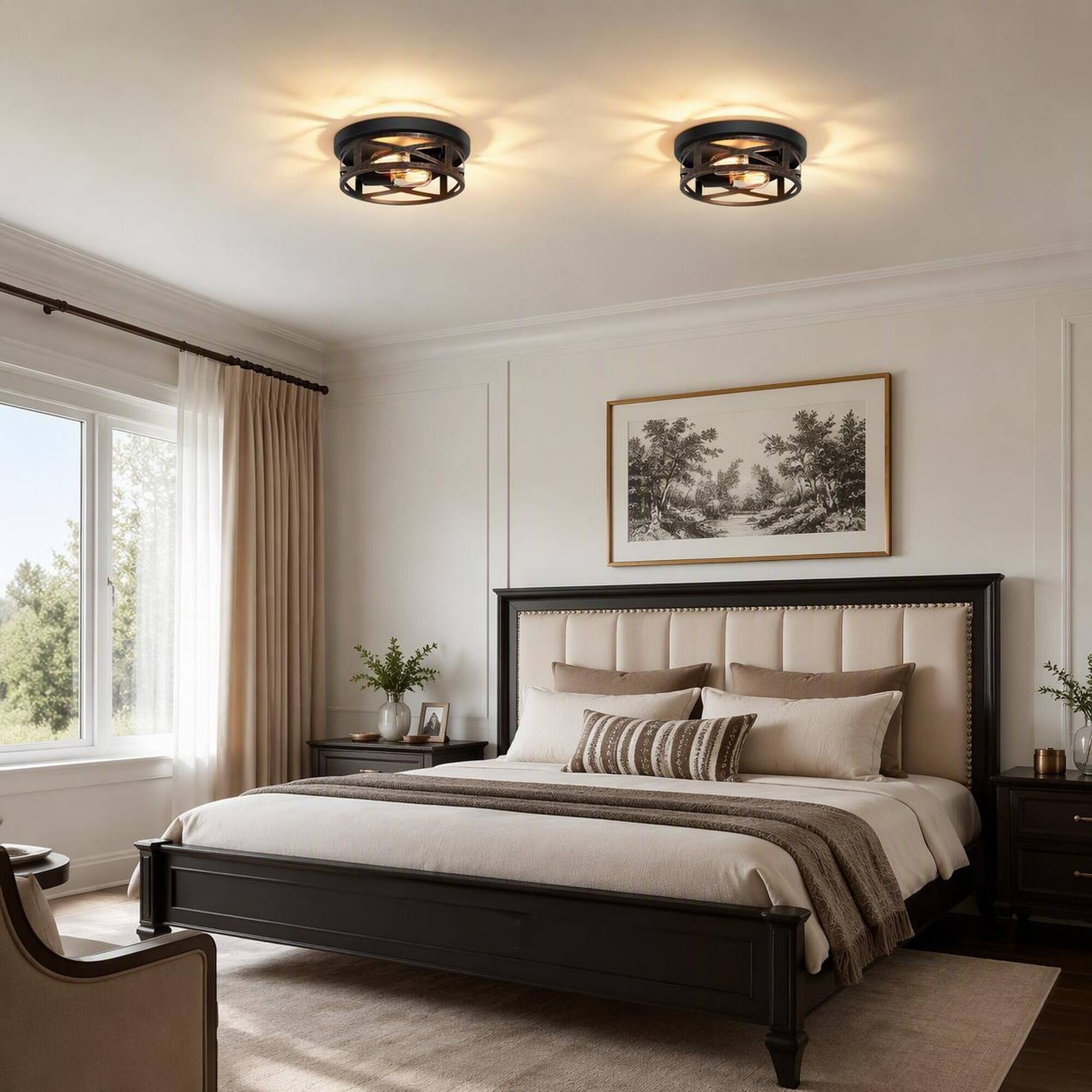 Back. RYHNUYNE - 2-Pack Matte Bronze Industrial Flush Mount Ceiling Light with Crisscross Metal Cage, Round Close-to-Ceiling Fixture.