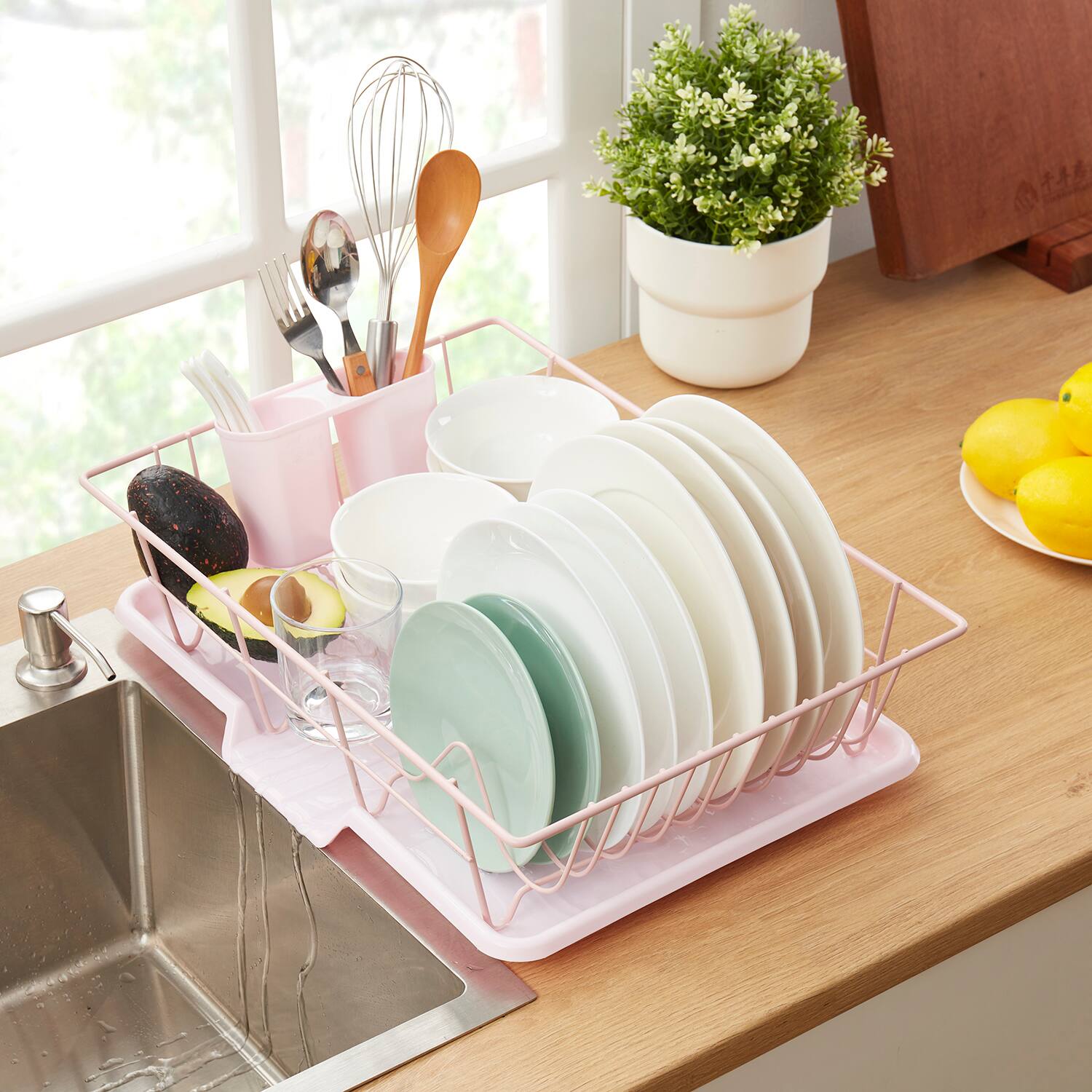 Back. Sweet Home Collection - Steel 3-Piece Large Countertop Dish Drainer with Drain Board & Utensil Holder - Pale Pink.