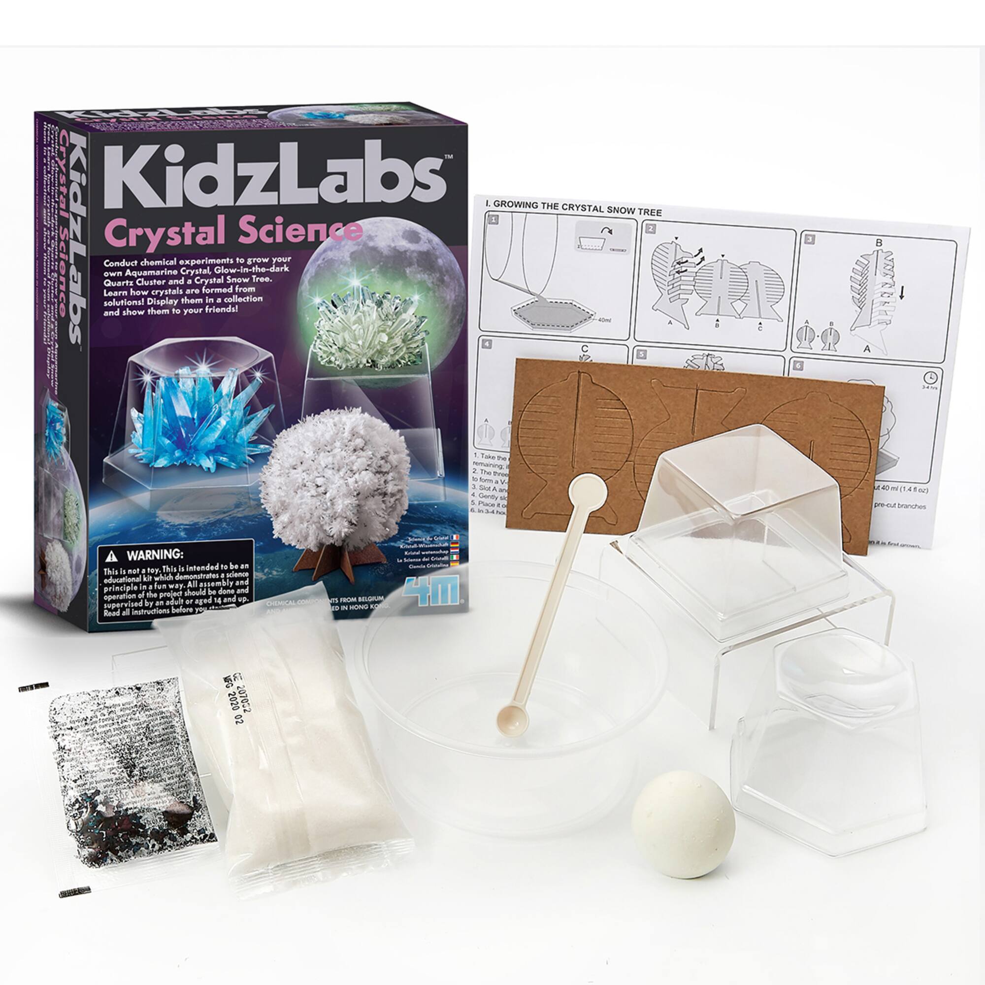 Crystal KidzLabs  
1. GROWING THE CRYSTAL SNOW TREE  
KidzLabs Crystal Science  
Conduct chemical experiments to grow your Aquamarine Crystal, Glow-in-the-dark Quartz Cluster and a Crystal Snow Tree. Solutions and Learn how they are formed - random a collection. Display crystals to show them to your friends!  

WARNING: This is not intended to be an educational assembly and principle in demonstration - it is a fun and safe activity for children aged 8 and above, and should be done under adult supervision.