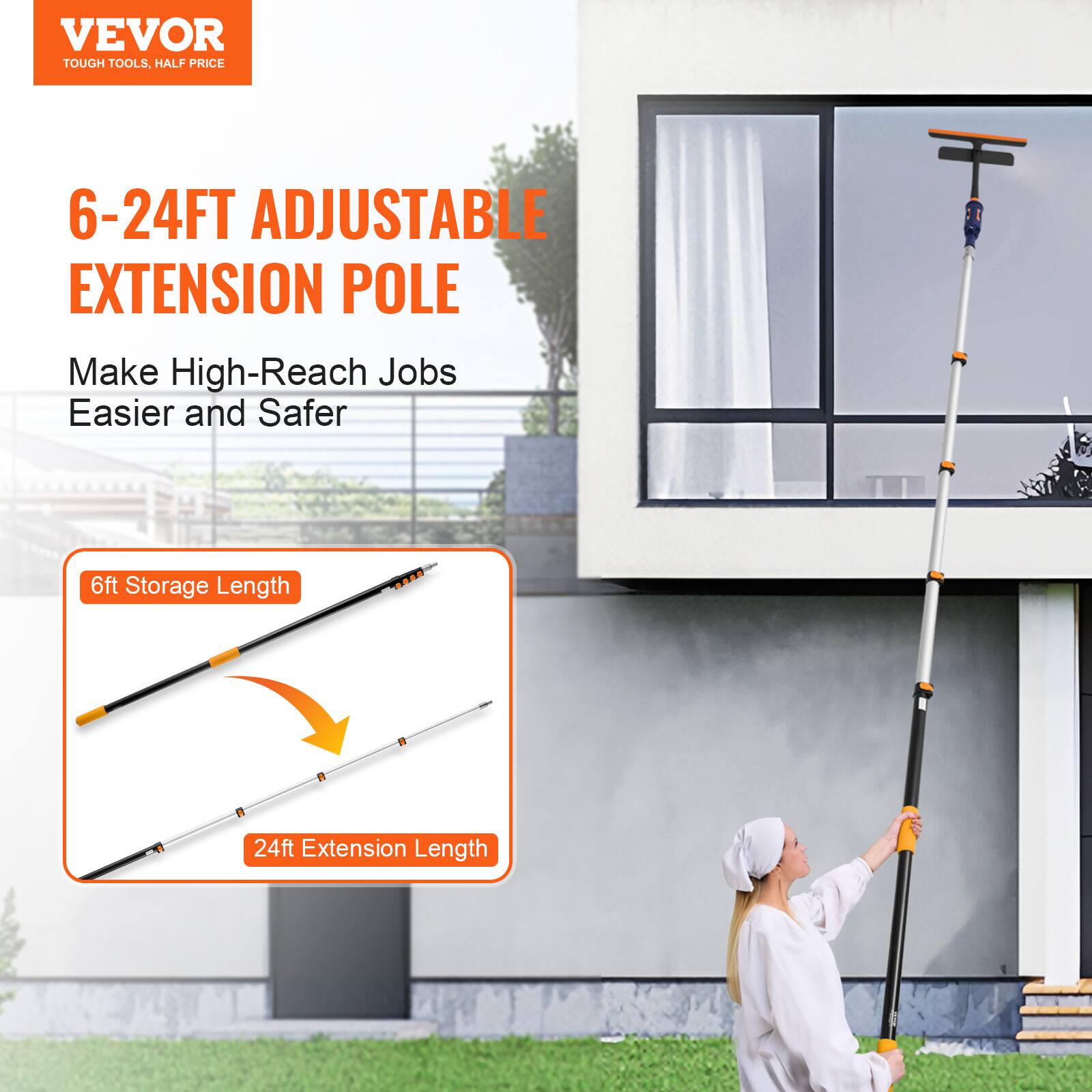 VEVOR TOUGH TOOLS, HALF PRICE

6-24FT ADJUSTABLE EXTENSION POLE

Make High-Reach Jobs Easier and Safer

6ft Storage Length

24ft Extension Length