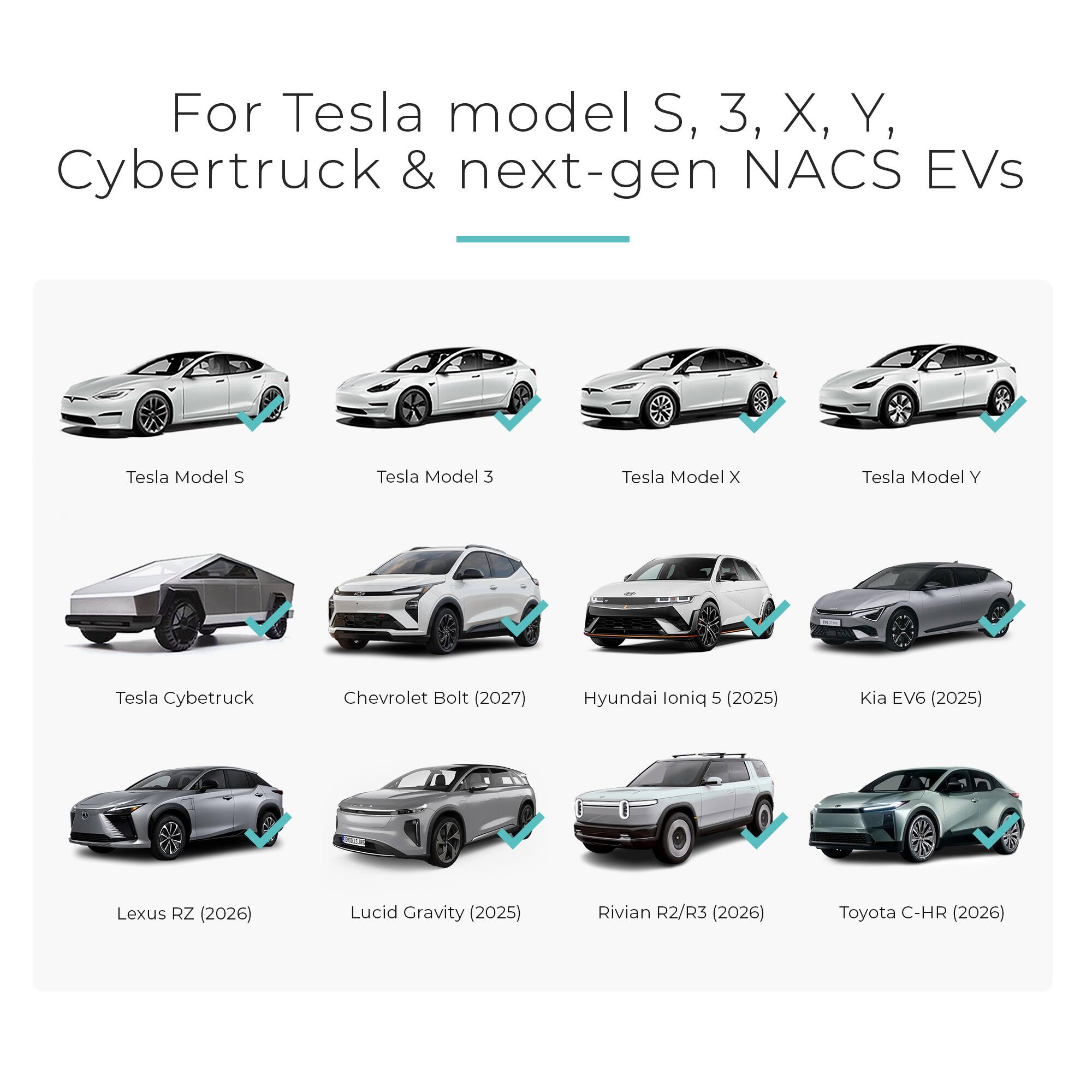 For Tesla model S, 3, X, Y, Cybertruck & next-gen NACS EVs

- Tesla Model S
- Tesla Model 3
- Tesla Model X
- Tesla Model Y
- Tesla Cybertruck
- Chevrolet Bolt (2027)
- Hyundai Ioniq 5 (2025)
- Kia EV6 (2025)
- Lexus RZ (2026)
- Lucid Gravity (2025)
- Rivian R2/R3 (2026)
- Toyota C-HR (2026)