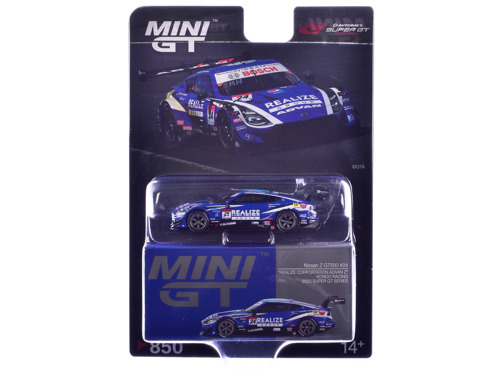 IM AUTORALS MINI SUPER GT GT AI Cd PRIISTEE 19% BOSCH C=D KH Sasa Bie REALIZE TY REALLE ADVAN VEGA ARGA a Calo MO DI 15F MOTL ALE GTA 14 REALIZE CROU. - YOROHAMA - ada TM Nissan Z GT500 #24 MINI "REALIZE CORPORATION KONDO ADVAN RACING 2 2023 SUPER GT SERIES GT 19 24 REALIZE IR MUP TORDHAMA 850 14+