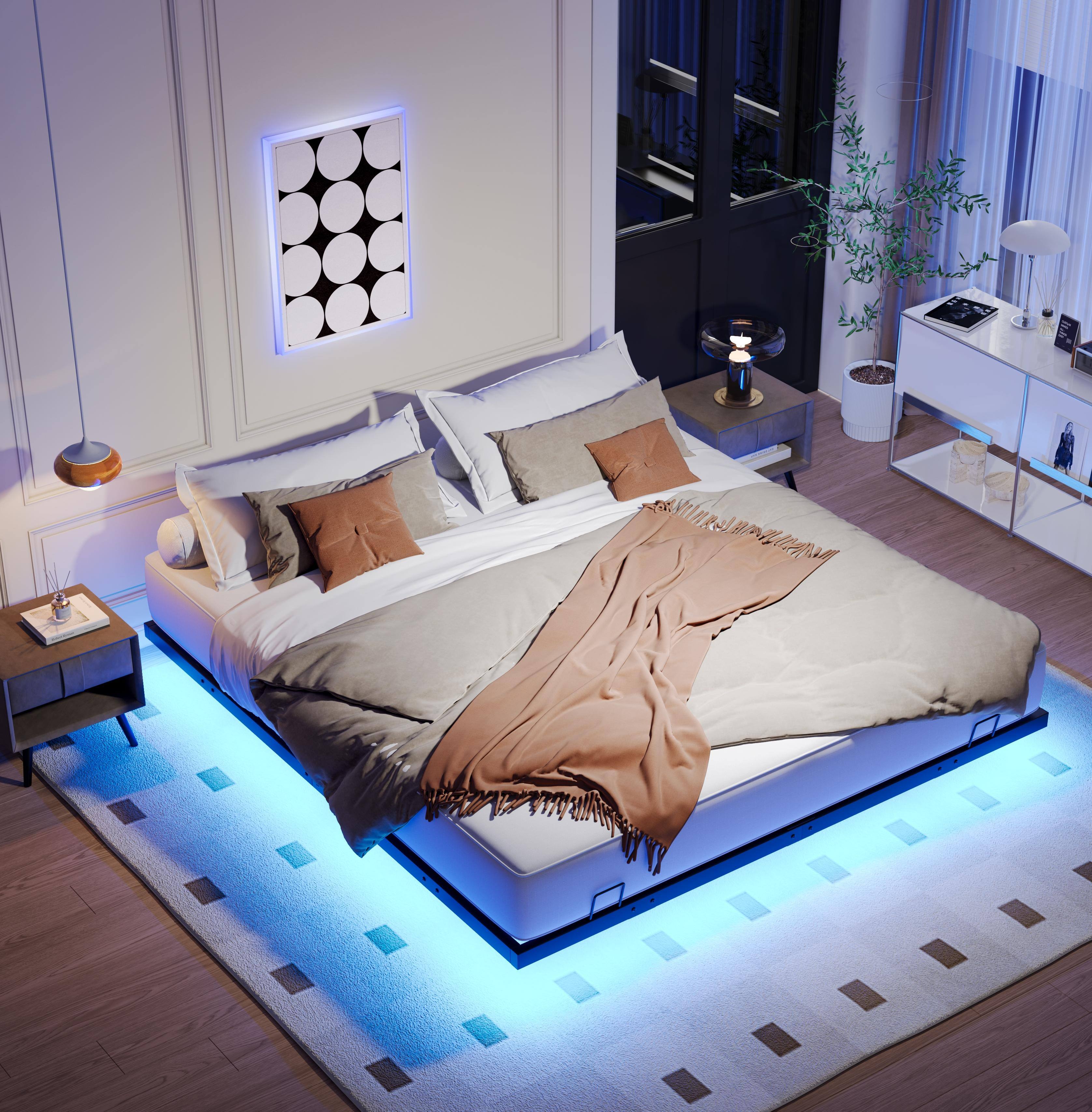 Left. LUCKY ONE - Queen Size Floating Bed Frames with LED Lights - Black.