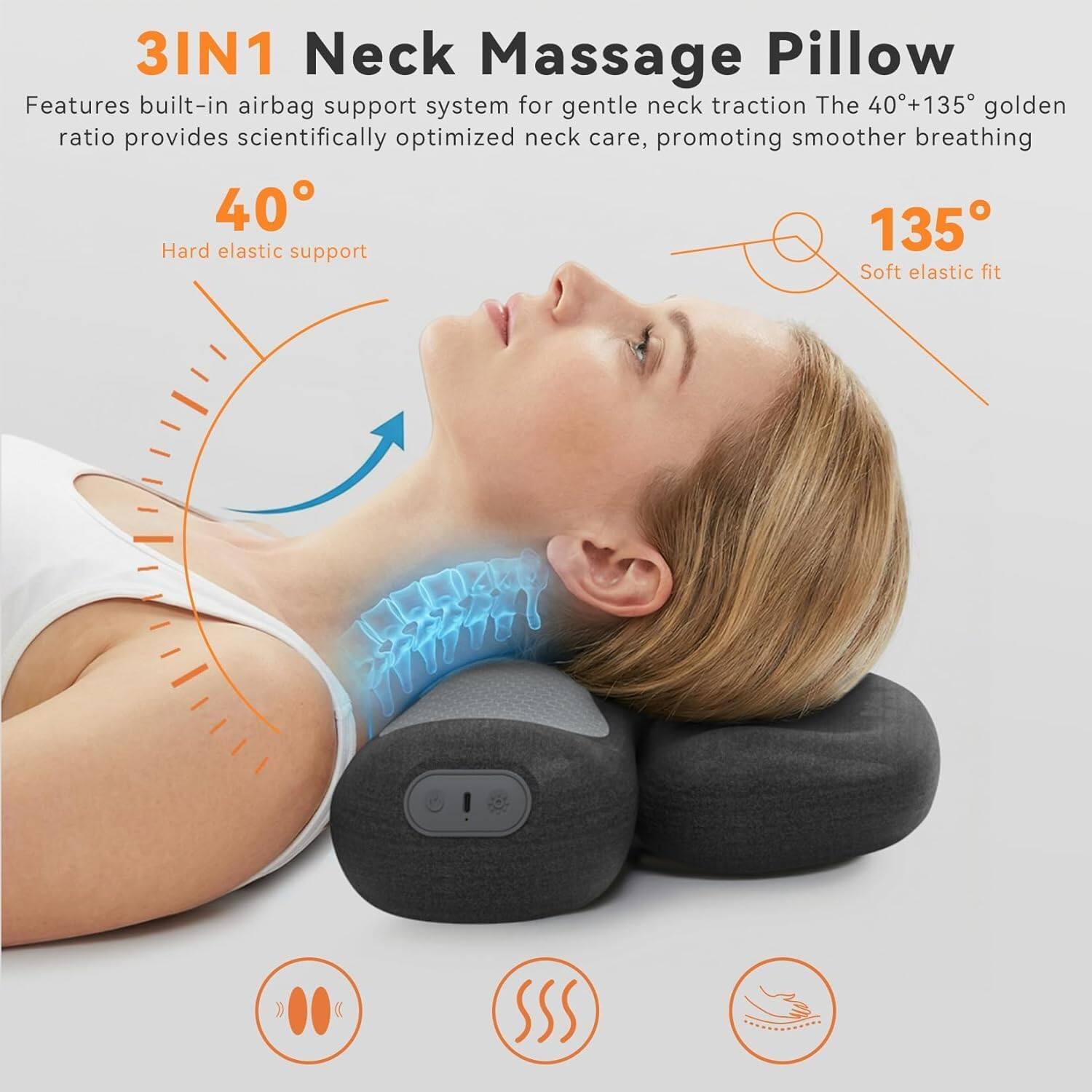 3IN1 Neck Massage Pillow  
Features built-in airbag support system for gentle neck traction. The 40°+135° golden ratio provides scientifically optimized neck care, promoting smoother breathing.  
40° Hard elastic support  
135° Soft elastic fit