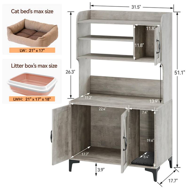 Cat bed's max size  
LW: 21" x 17"

Litter box's max size  
LWH: 21" x 17" x 18"

Dimensions of the shelf unit:  
- Width: 31.5"  
- Height: 51.1"  
- Depth: 17.7"  
- Shelf 1: 11.8" (height)  
- Shelf 2: 11.8" (height)  
- Bottom shelf: 11.2" (height)  
- Drawer: 13.9" (height)  
- Drawer width: 22.4"  
- Drawer depth: 7.4"  
- Bottom shelf width: 19.6"  
- Bottom shelf depth: 8.4"  
- Bottom shelf height: 3.9"