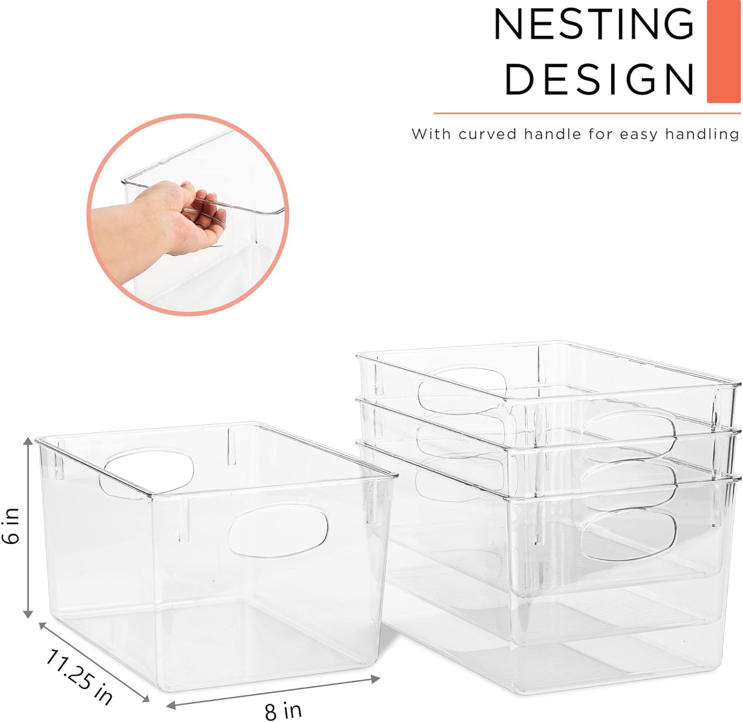 NESTING DESIGN  
With curved handle for easy handling  

6 in  
11.25 in  
8 in