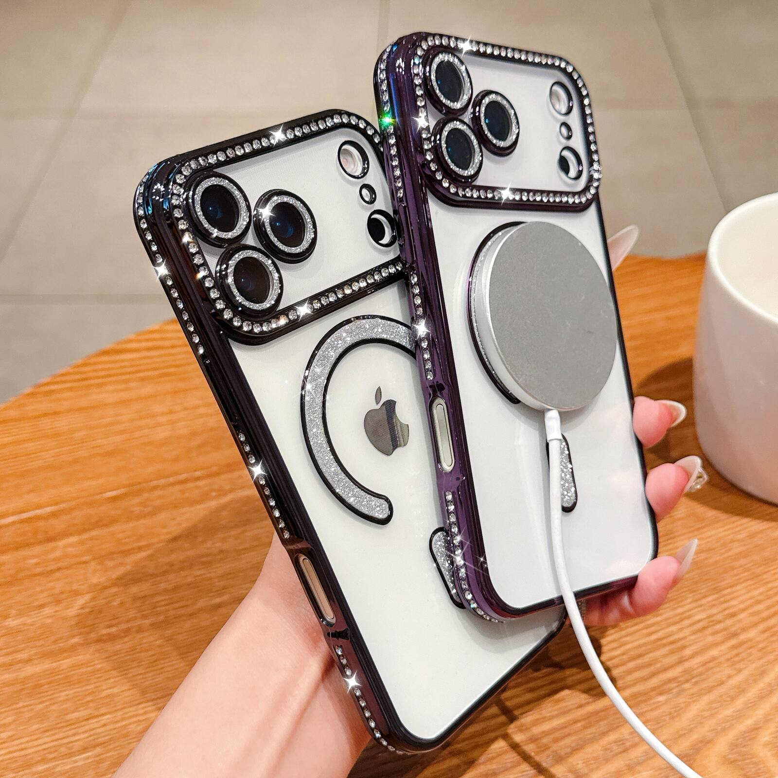Back. UUCOVER - For Apple iPhone 17 Pro Max Magnetic Case with Camera Lens Protector, Compatible with MagSafe Slim Glitter Clear Cover - Darkpurple.