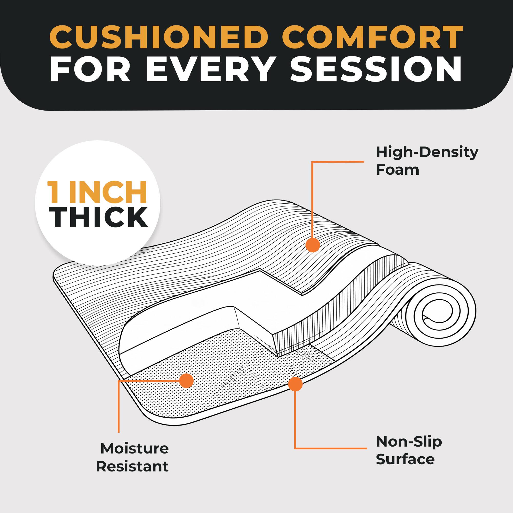 CUSHIONED COMFORT FOR EVERY SESSION

1 INCH THICK

High-Density Foam

Moisture Resistant

Non-Slip Surface