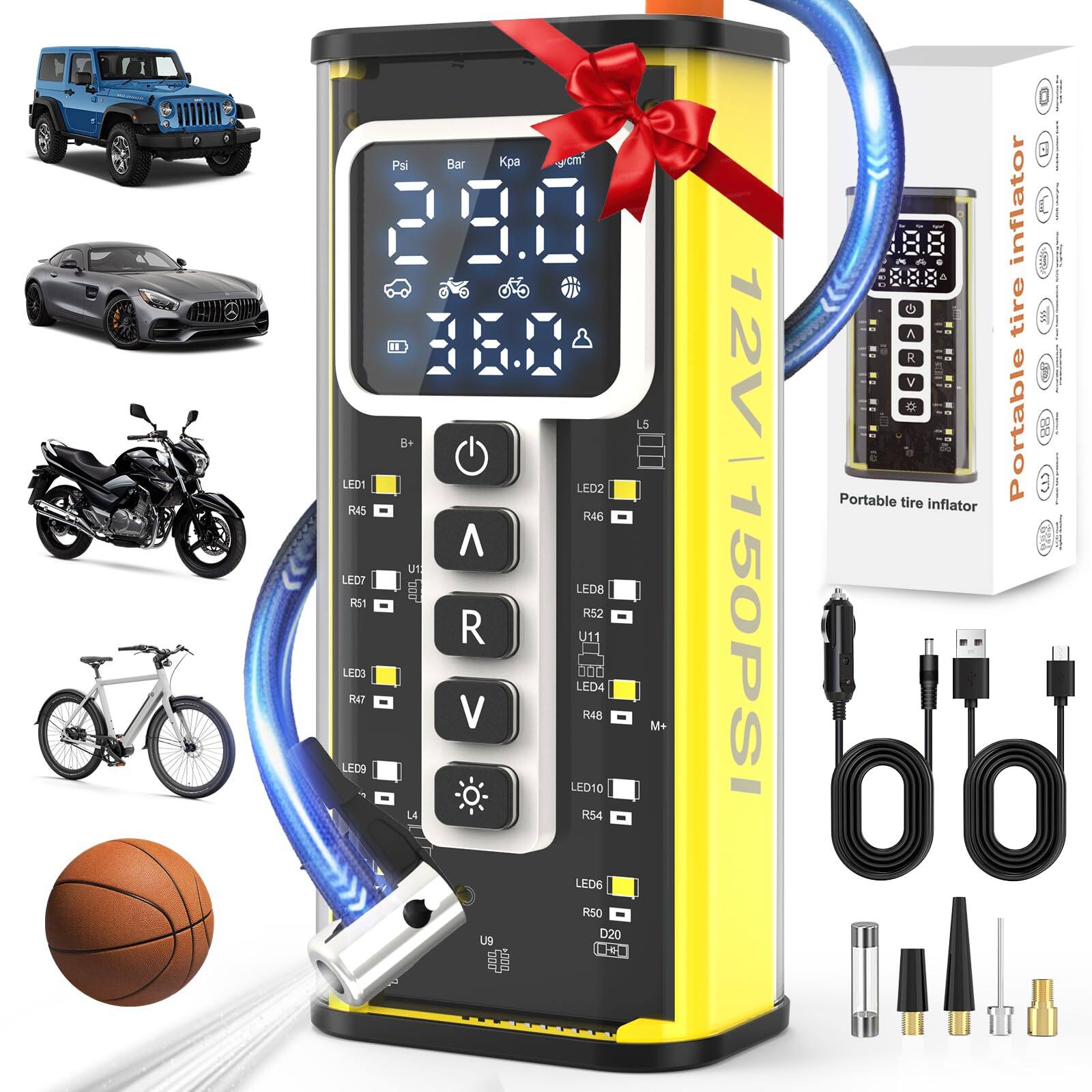 Sure, here is the corrected and grouped text from the image:
---
**Portable Tire Inflator**
- **12V**
- **150PSI**
- **29.0 Bar**
- **36.0 Kpa**
**LED Indicators:**
- LED1
- LED2
- LED3
- LED4
- LED5
- LED6
- LED7
- LED8
- LED9
- LED10
**Buttons:**
- B+
- R
- V
- A
- U1
- U2
- U3
- U4
- U5
- U6
- U7
- U8
- U9
**Other Features:**
- DC 1000
- Inflator
- G A tire XXE 12V
- Portable tire inflator 150PSI
**Included Accessories:**
- Various nozzles and adapters
---
This text is organized to reflect the information and features displayed on the portable tire inflator in the image.