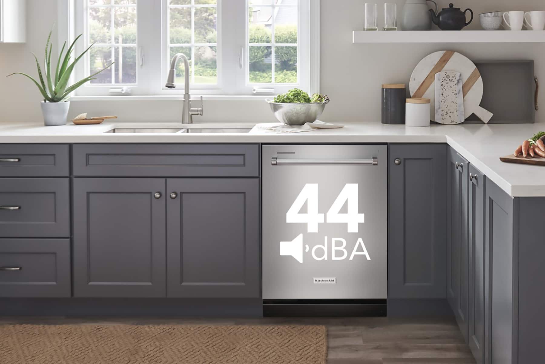 The text on the image reads "44 dBA."