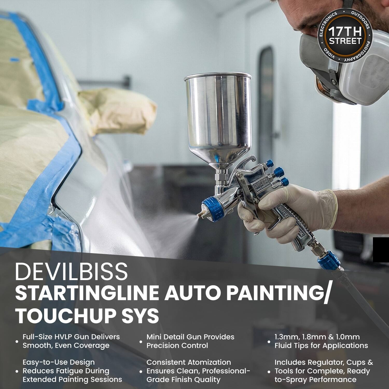 ELECTRONICS OUTDOORS 17TH STREET AIDEO PHOTOGRAPHY DEVILBISS STARTINGLINE AUTO PAINTING/ TOUCHUP SYS

Full-Size HVLP Gun Delivers Smooth, Even Coverage  
Easy-to-Use Design Reduces Fatigue During Extended Painting Sessions  
Consistent Atomization Ensures Clean, Professional-Grade Finish Quality  
Includes Regulator, Cups & Tools for Complete, Ready to-Spray Performance  

Mini Detail Gun Provides Precision Control  
Consistent Automation  
Ensures Clean, Professional-Grade Finish Quality  

1.3mm, 1.8mm & 1.0mm Fluid Tips for Applications