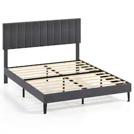 Costway - Queen Size Bed Frame with Height Adjustable Vertical Channel Headboard, Noise Free - Gray